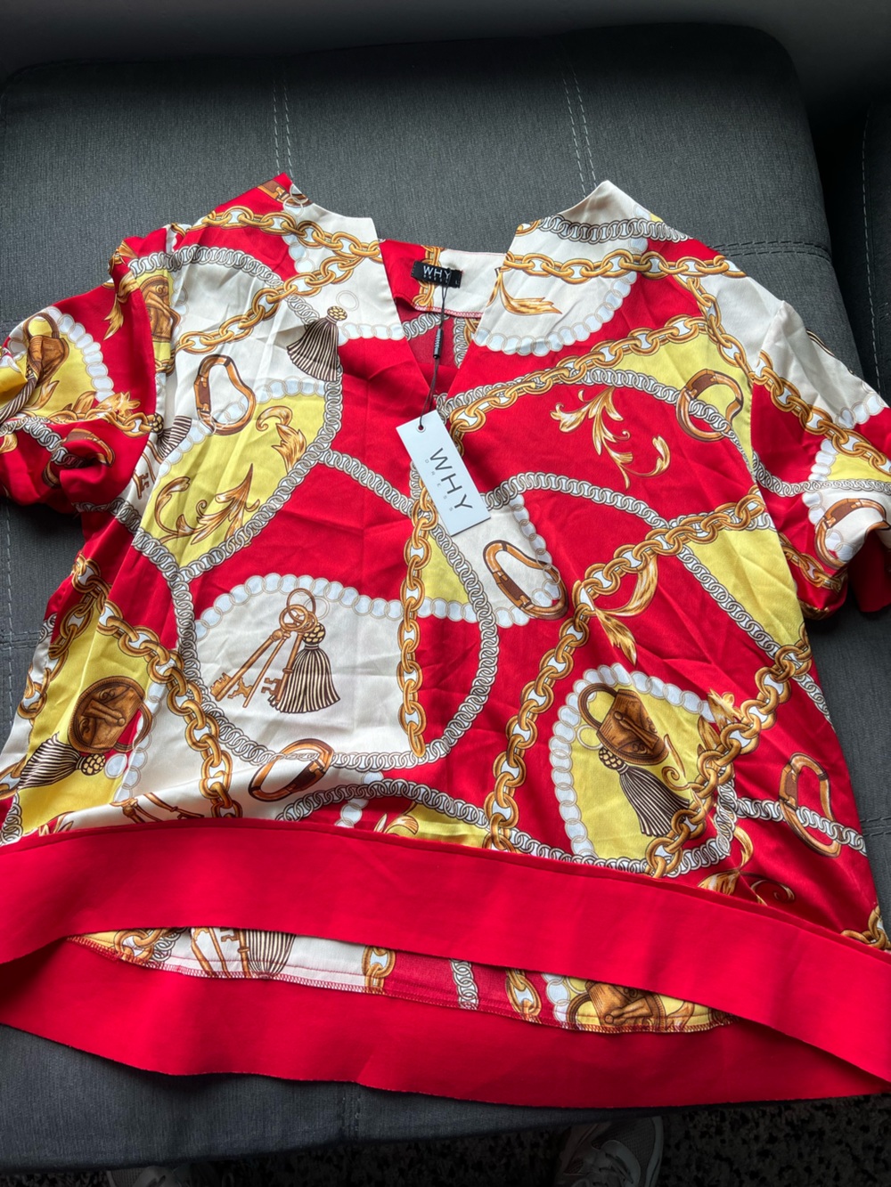 WHY Red, Gold and Cream Chain-Print Blouse